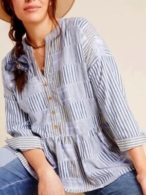 Striped Patchwork Button-Front Women’s Blouse - Light Blue - Size Medium